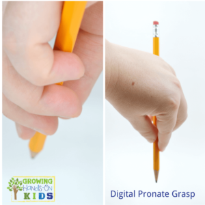 Digital pronate grasp, typical pencil grasp development in children.