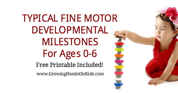 Typical fine motor developmental milestones for ages 0-6. Free printable list included!