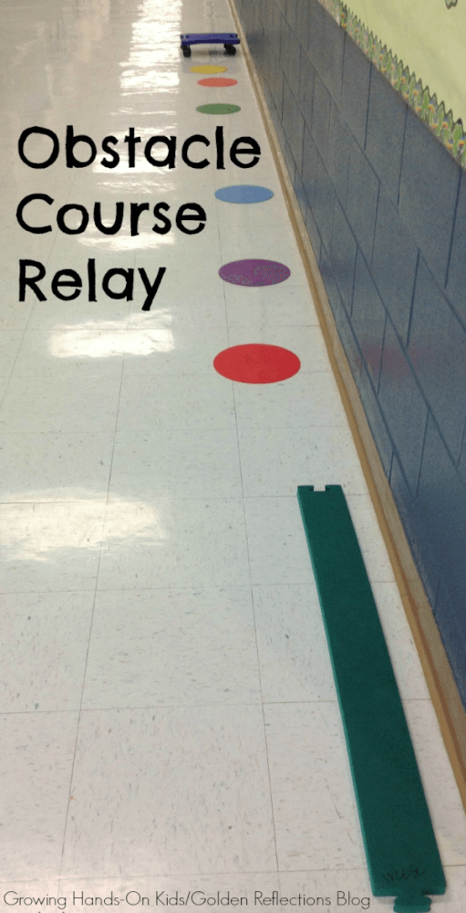 A really fun scooter board activity for kids, an obstacle course relay race. 