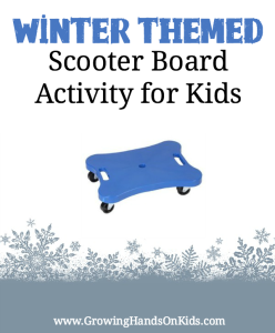 Perfect for improving bilateral coordination skills, a winter themed scooter board activity for kids.
