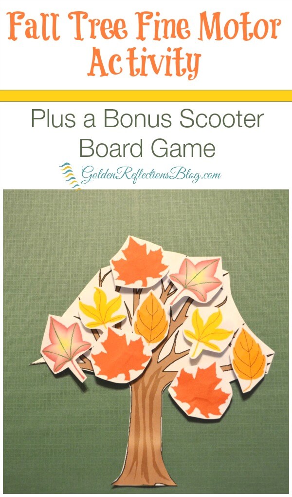 A fun scooter board game twist with this fall tree fine motor activity for kids. www.GoldenReflectionsBlog.com