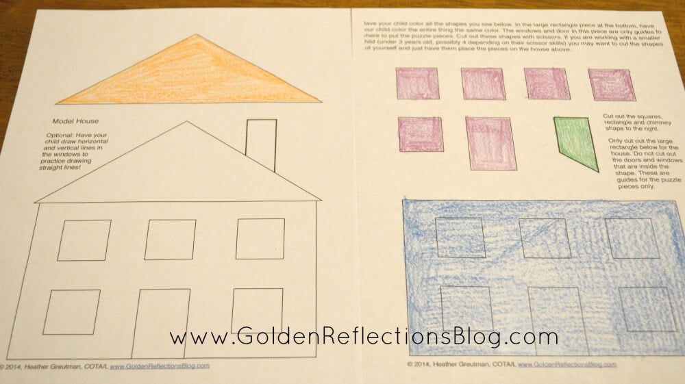 A fun DIY puzzle activity for kids of all ages! My House is Made of Shapes Printable Packet : Pre-writing Activities for Kids Series | www.GoldenReflectionsBlog.com