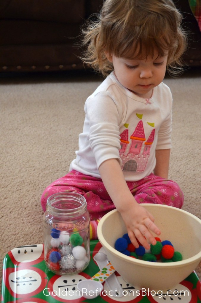 Pre-writing Activities for Kids - Pom Pom Task Tray | www.GoldenReflectionsBlog.com