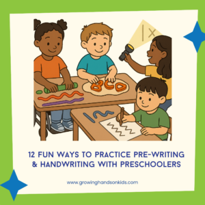 Illustration of four diverse preschool-aged children engaging in playful pre-writing activities. One child in a wheelchair rolls playdough into lines, another presses cookie cutters into dough to form letters, a third shines a flashlight to trace lines on a wall, and the fourth draws zigzag lines with a crayon. The graphic is framed with a green border and blue stars, with the text: "12 Fun Ways to Practice Pre-Writing & Handwriting with Preschoolers" and the website "www.growinghandsonkids.com" at the bottom.