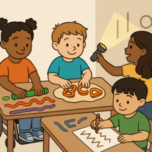 Illustration of four diverse preschool-aged children participating in pre-writing activities. A Black girl in a wheelchair rolls out colorful playdough lines, a white boy uses cookie cutters to press letters into dough, a brown-skinned girl shines a flashlight on a wall tracing vertical and circular lines, and an Asian boy draws zigzag lines with a crayon on paper. The scene emphasizes playful, hands-on handwriting practice.