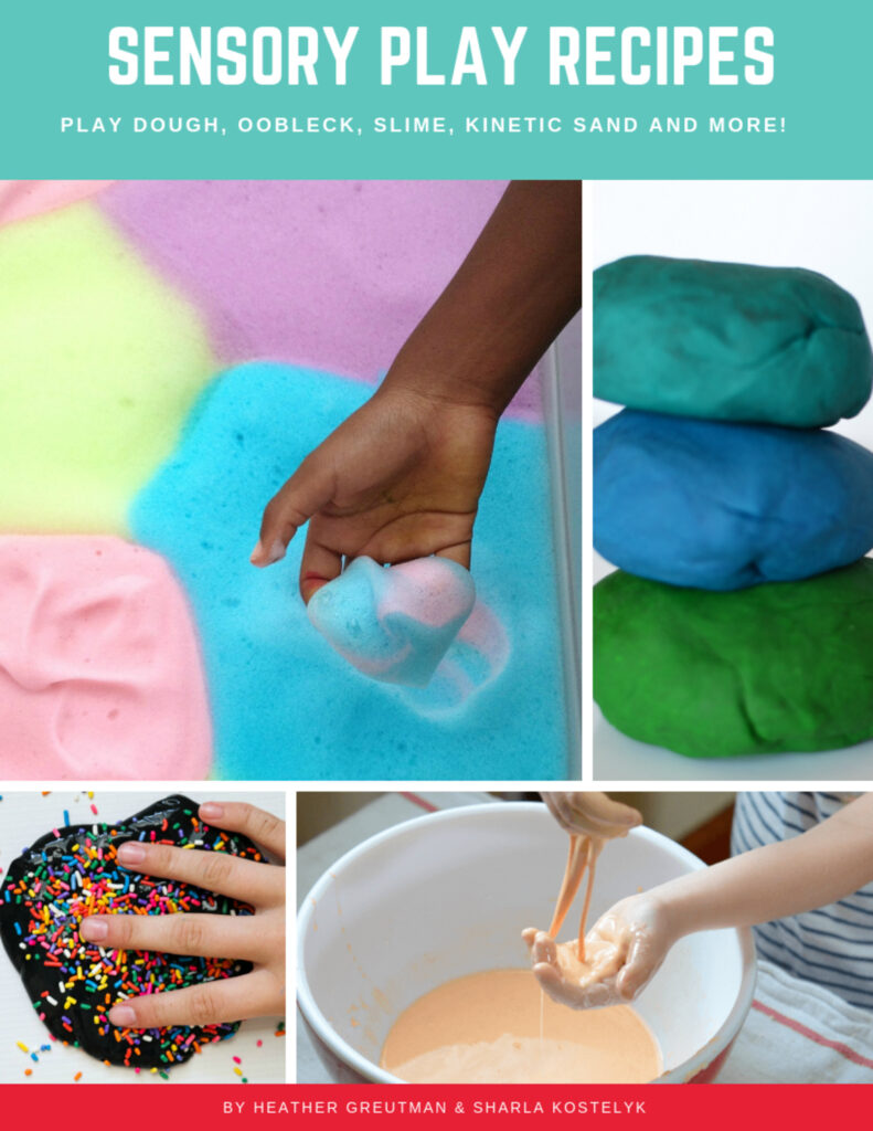 Sensory play recipes digital download cover with 5 pictures including sensory foam play dough, oobleck and more!