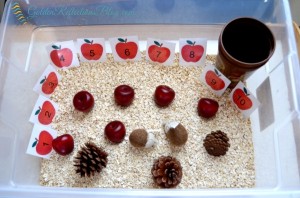 Apple oatmeal sensory bin part of the apple theme tot school week. www.GoldenReflectionsBlog.com