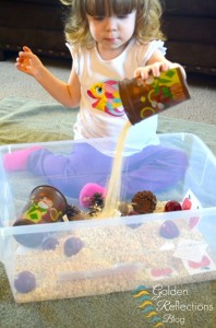 Apple and oatmeal sensory bin for apple theme tot school week. www.GoldenReflectionsBlog.com