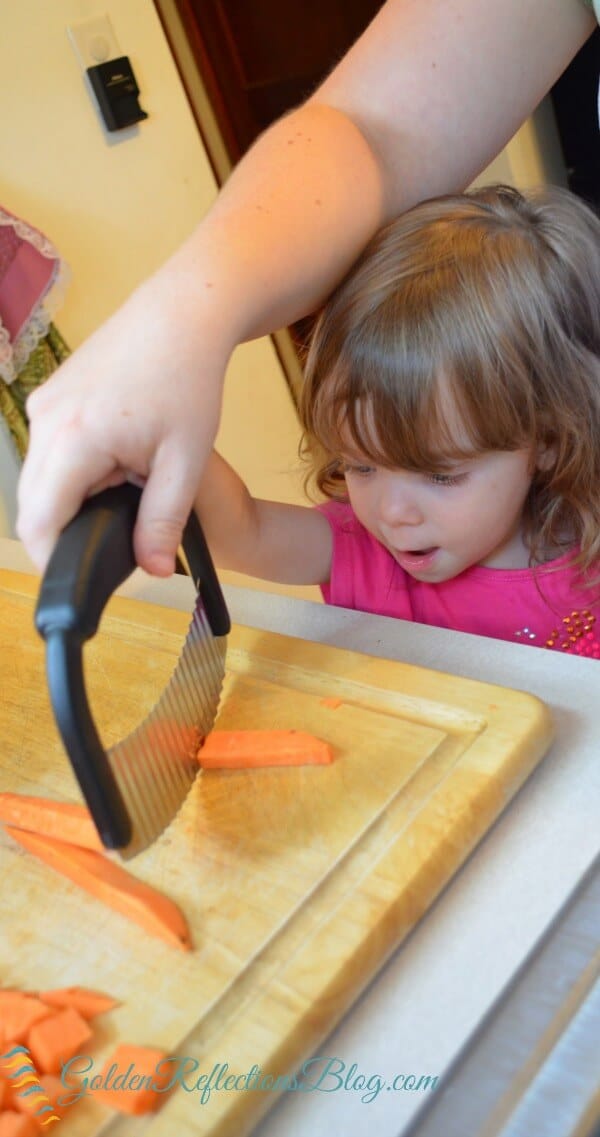Baked Sweet Potato Bites for easy kids in the kitchen recipe. www.GoldenReflectionsBlog.com