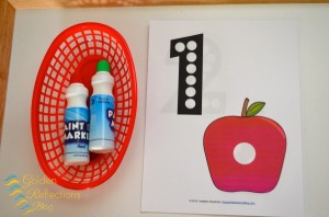 Dot marker tray with apple theme tot school week. www.GoldenReflectionsBlog.com