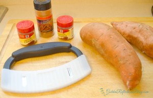 Ingredients for Baked Sweet Potato Bites for easy kids in the kitchen recipe. www.GoldenReflectionsBlog.com