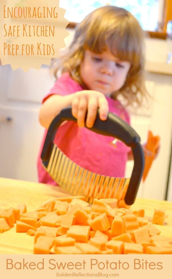 A healthy baked sweet potato bite recipe that encourages safety for kids in the kitchen. www.GoldenReflections.com