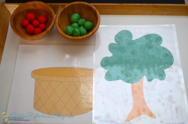 Fall play dough mats for apple theme tot school week. www.GoldenReflectionsBlog.com