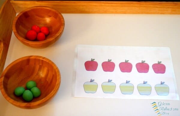 Play dough matching, sequencing, and patterns with apple theme tot school week. www.GoldenReflectionsBlog.com