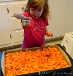 Baked Sweet Potato Bites for easy kids in the kitchen recipe. www.GoldenReflectionsBlog.com