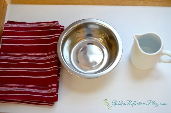 Pouring water tray for dog themed montessori inspired tot school week. www.GoldenReflectionsblog.com
