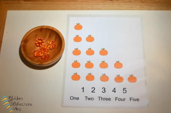 Pumpkin Counting Tot School Tray. www.GoldenReflectionsBlog.com