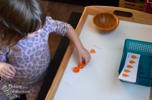 Pumpkin counting tot school tray. www.GoldenReflectionsBlog.com