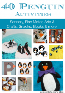 If you have winter loving kids, they will love these penguin activities. Sensory activities, fine motor, book and snack ideas and more! www.GoldenReflectionsBlog.com