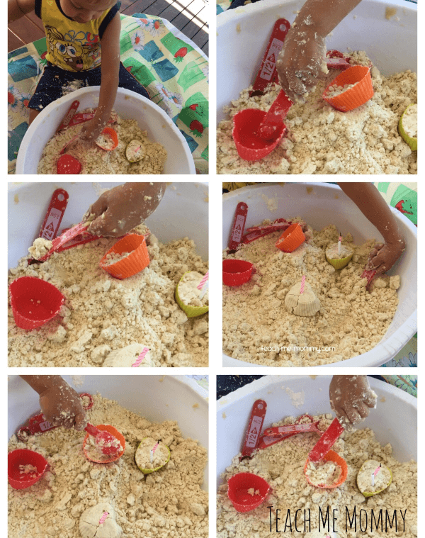 playing with cloud dough for sensory play.