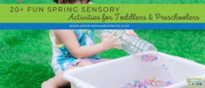 Picture of child sitting on the grass pouring colorful water beads out of a water bottle into a white plastic bin. Green text overlay at the top says "20+ fun spring sensory play activities for toddlers and preschoolers."