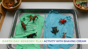 Earth day sensory play activity with shaving cream and miniature animals.