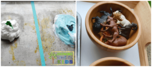 Earth day sensory play activity with shaving cream and miniature animals.