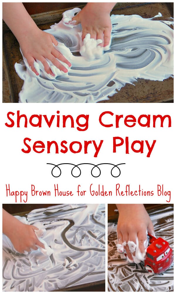 S is for shaving cream sensory play. www.GoldenReflectionsBlog.com
