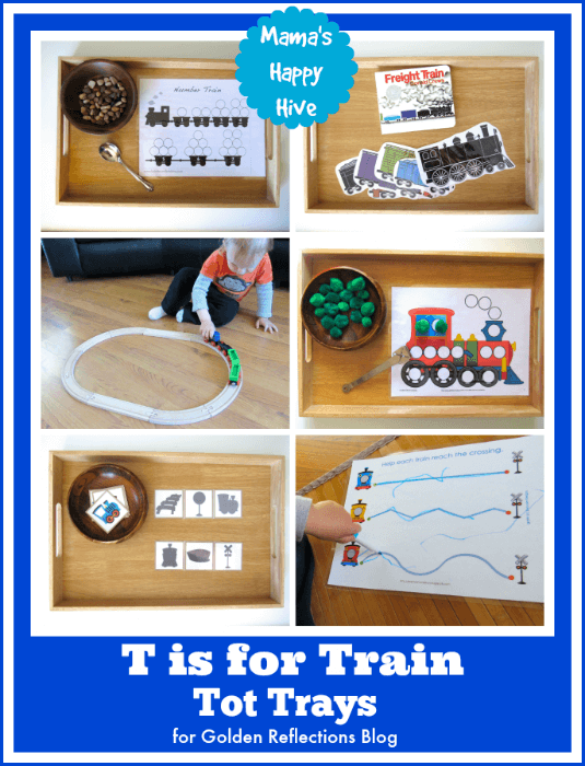 Fun and engaging train tot trays for tot school. www.GoldenReflectionsBlog.com