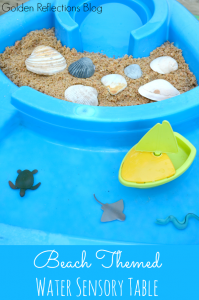 A super easy set up for a beach themed water sensory table for toddlers. www.GoldenReflectionsBlog.com