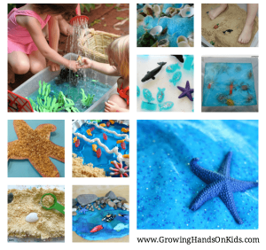 Some of the best ocean and beach themed sensory play ideas for kids from kid bloggers. www.GoldenReflectionsBlog.com