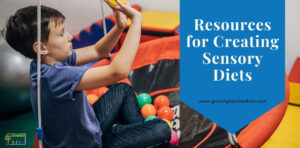 Young boy sitting on a saucer swing throwing coloring balls at a target. Blue overlay with white text that says "Resources for Creating Sensory Diets".