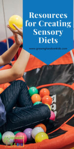 Young boy sitting on a saucer swing throwing coloring balls at a target. Blue overlay with white text that says "Resources for Creating Sensory Diets".