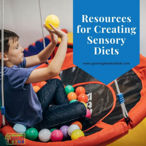 Young boy sitting on a saucer swing throwing coloring balls at a target. Blue overlay with white text that says "Resources for Creating Sensory Diets".