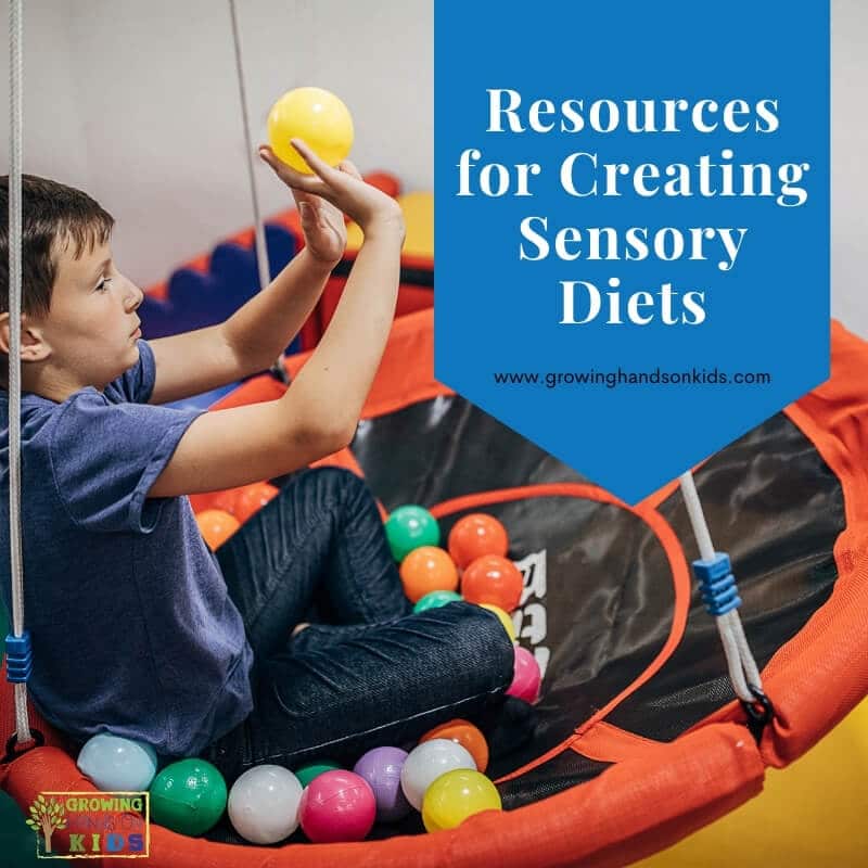 Young boy sitting on a saucer swing throwing coloring balls at a target. Blue overlay with white text that says "Resources for Creating Sensory Diets".