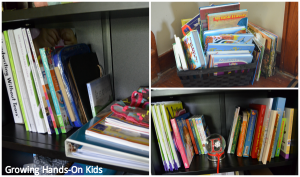 storage and book space in Montessori inspired tot-school space.