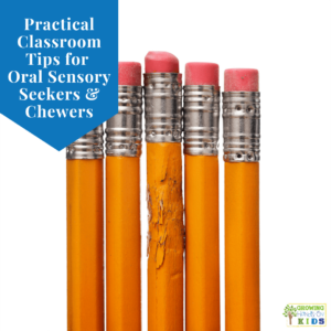 Set of yellow no.2 pencils with bite marks in the middle pencil. Blue text overlay in the top left corner with white text that says "Classroom Tips for Oral Sensory Seekers & Chewers."