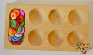 Button sorting tray for letter B activities for tot-school.