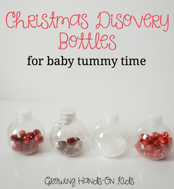 Christmas discovery bottles for baby, perfect for tummy time by the tree. 