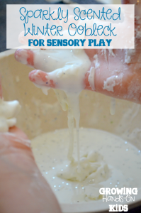 Sparkly scented winter oobleck for sensory play.