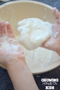 Sparkly scented winter oobleck recipe for sensory play.