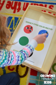 Googly eyes color match activity for the Letter G letter of the week tot-school theme.