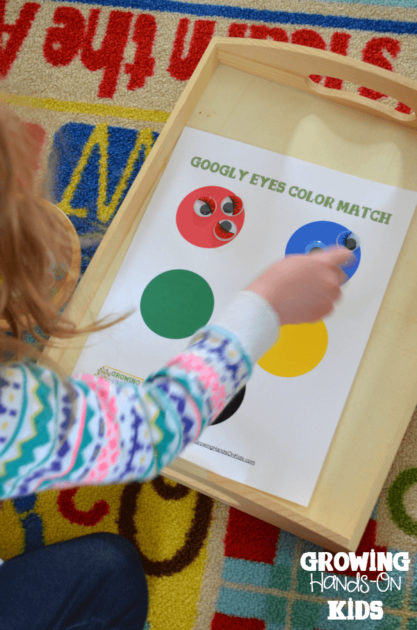 Googly eyes color matching activity for the Letter G letter of the week tot-school theme. 