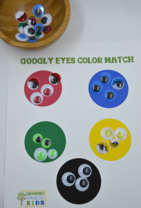 Googly eyes color match activity for the Letter G letter of the week tot-school theme.