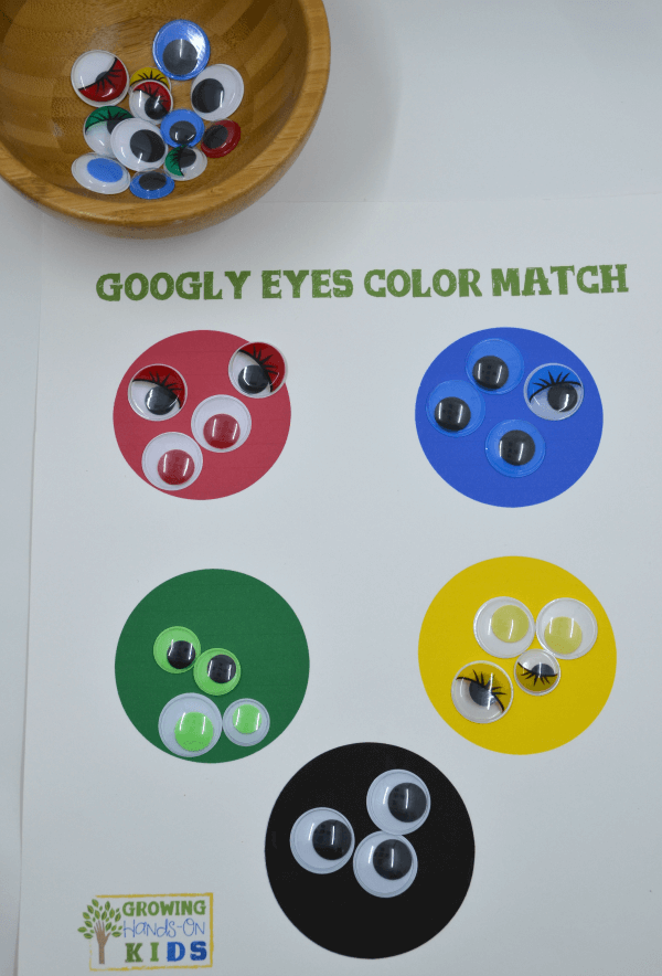 Googly eyes color matching activity for the Letter G letter of the week tot-school theme. 