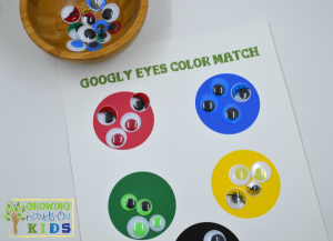 Googly eyes color match activity for the Letter G letter of the week tot-school theme.