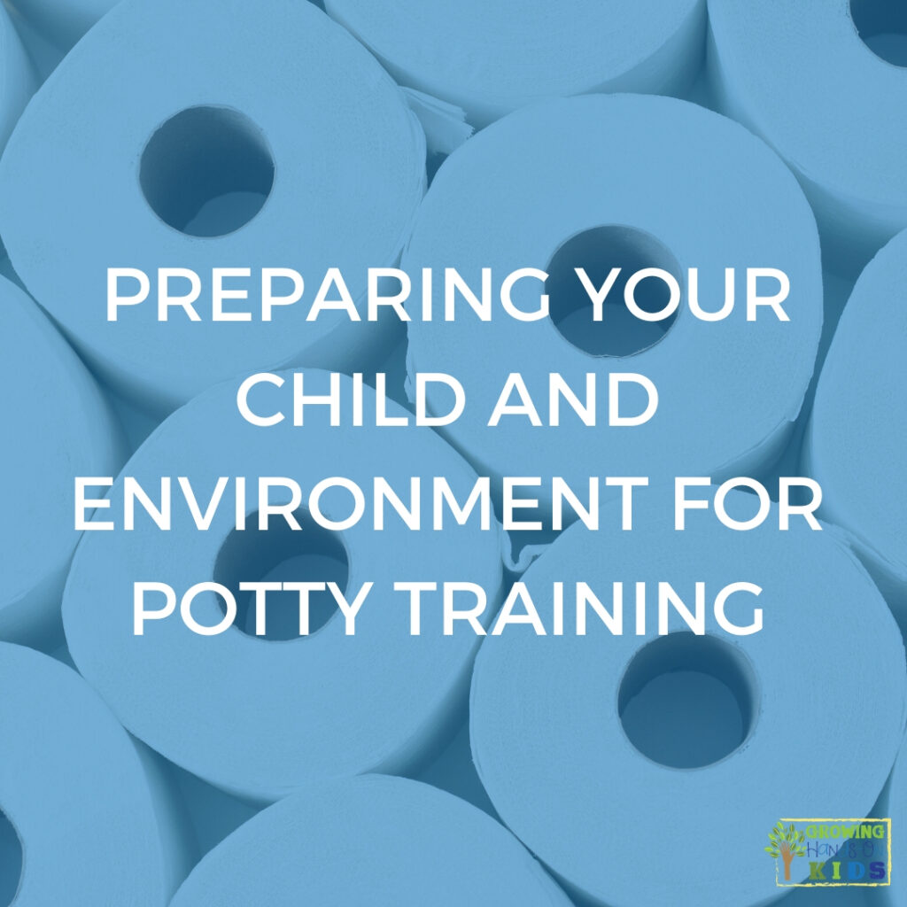 rolls of toilet paper lined up in rows. Bold white text is across the middle of the graphic that says Preparing Your Child And Environment for Potty Training.