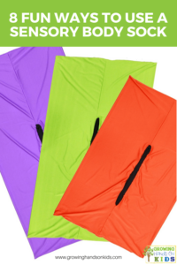 Picture of a purple, green, and orange sensory body sock. Green text overlay with white text says "8 fun ways to use a sensory body sock."