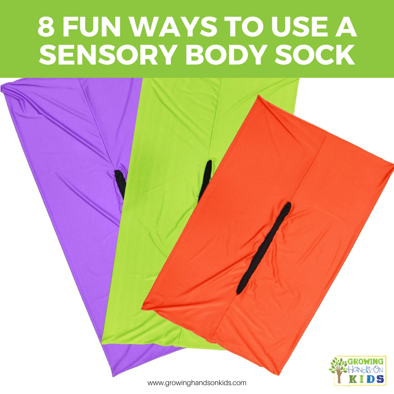 Picture of a purple, green, and orange sensory body sock. Green text overlay with white text says "8 fun ways to use a sensory body sock."