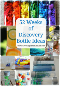 52 weeks of discovery bottle ideas for kids, also called sensory bottles.